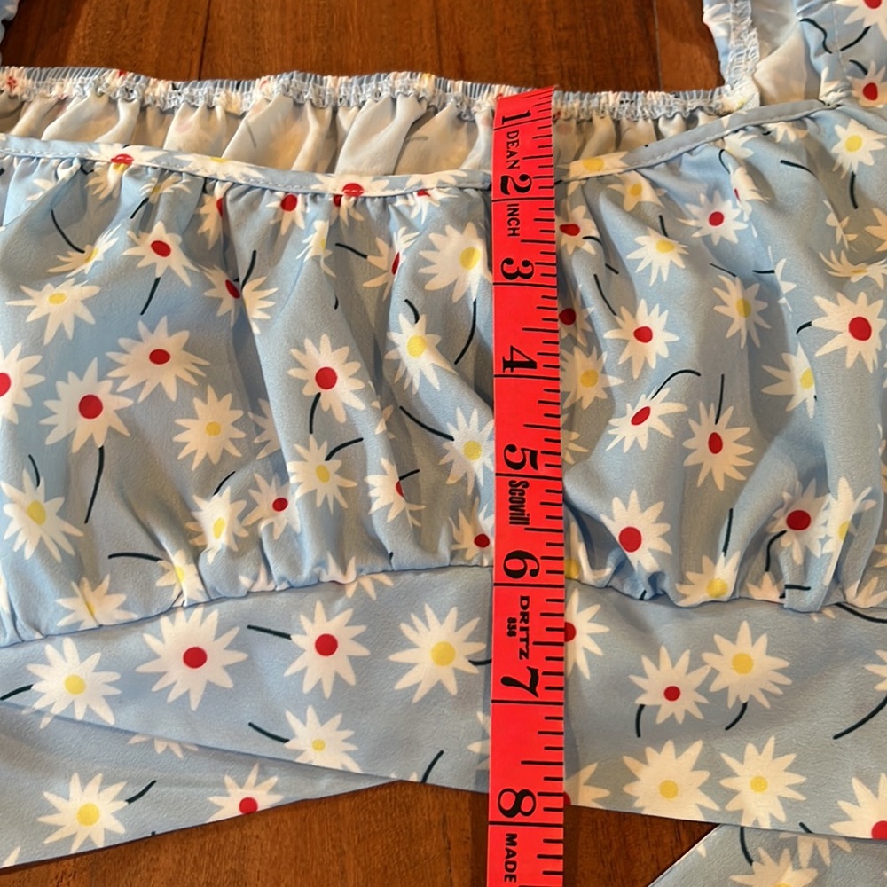Long Sleeve Floral Crop Top Blouse with Tie Blue Red Yellow - Picture 8 of 10